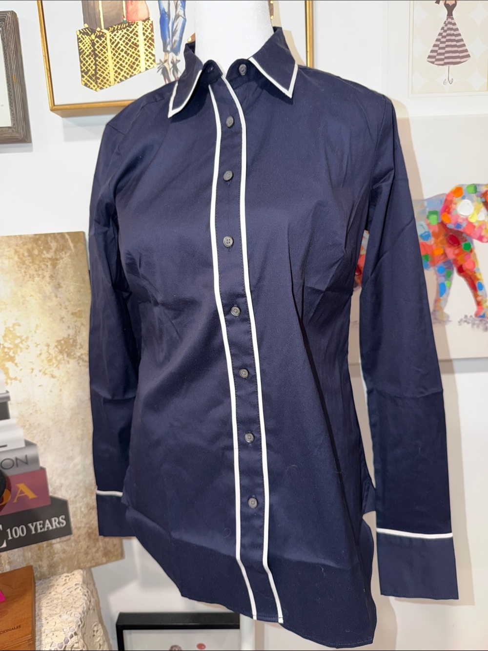 Ann Taylor Navy Button-Front Shirt with White Piping